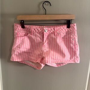 Pink and White Striped Jean Shorts with Flat Front